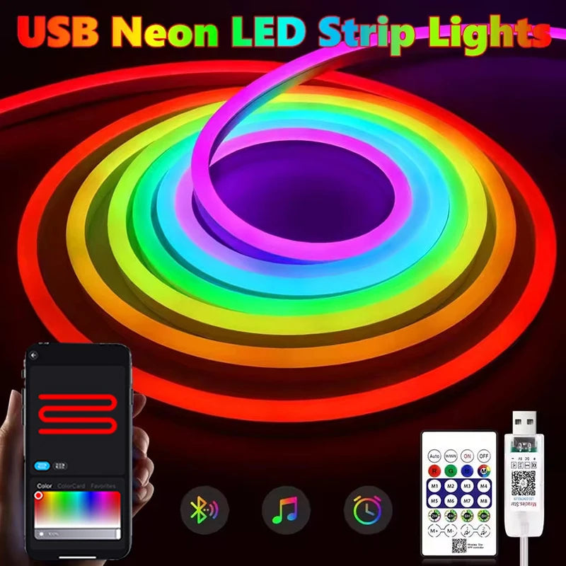 Rgb Neon Strip Light 3M 5M Neon Rgb Strip Usb Flexible Neon Tape Bluetooth Neon Lights Strip 5V Led Neon Rope Light Waterproof