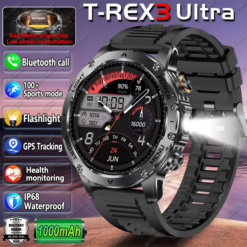 New Outdoor 1000mAh Battery T-Rex 3 Ultra Military Smart Watch Men IP69K Waterproof GPS AMOLED Bluetooth Call Sports Smartwatch