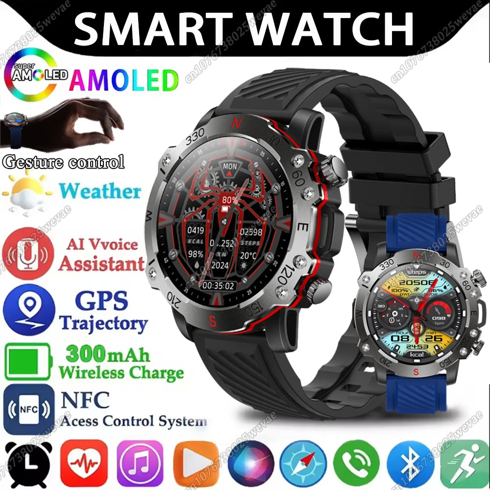 2025 New Smart Watch Men 1.5-inch AMOLED Display GPS Tracker Waterproof 100+ Sports Modes Bluetooth Call Military Smartwatch Man